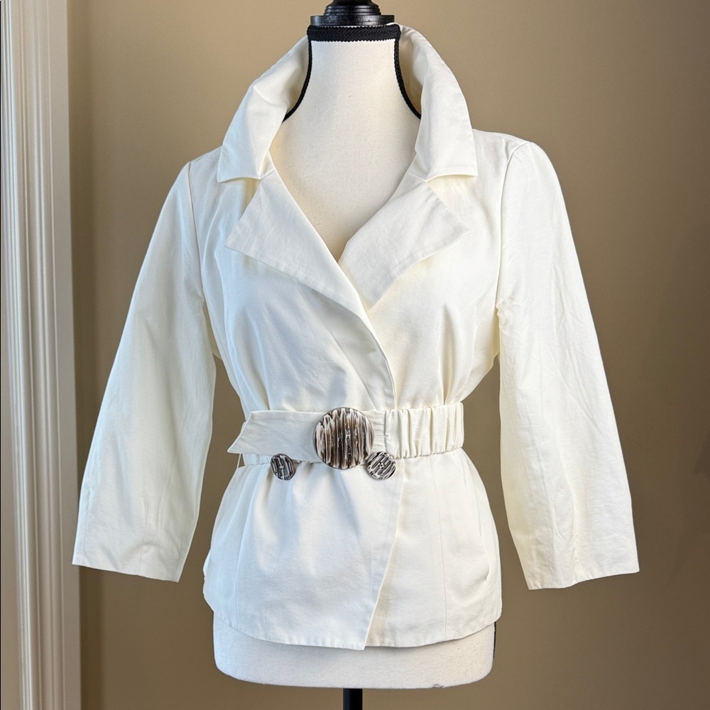 Chapter One Lined Blazer Size 8 Cream 3/4 Sleeve Removable Elasticized Belt